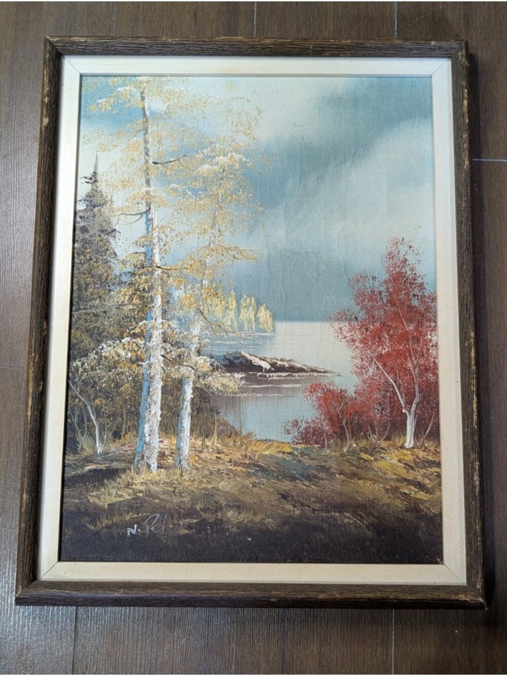Vintage 1970s Oil Painting Canadian Lake Landscape Birch Autumn Signed Barnwood
